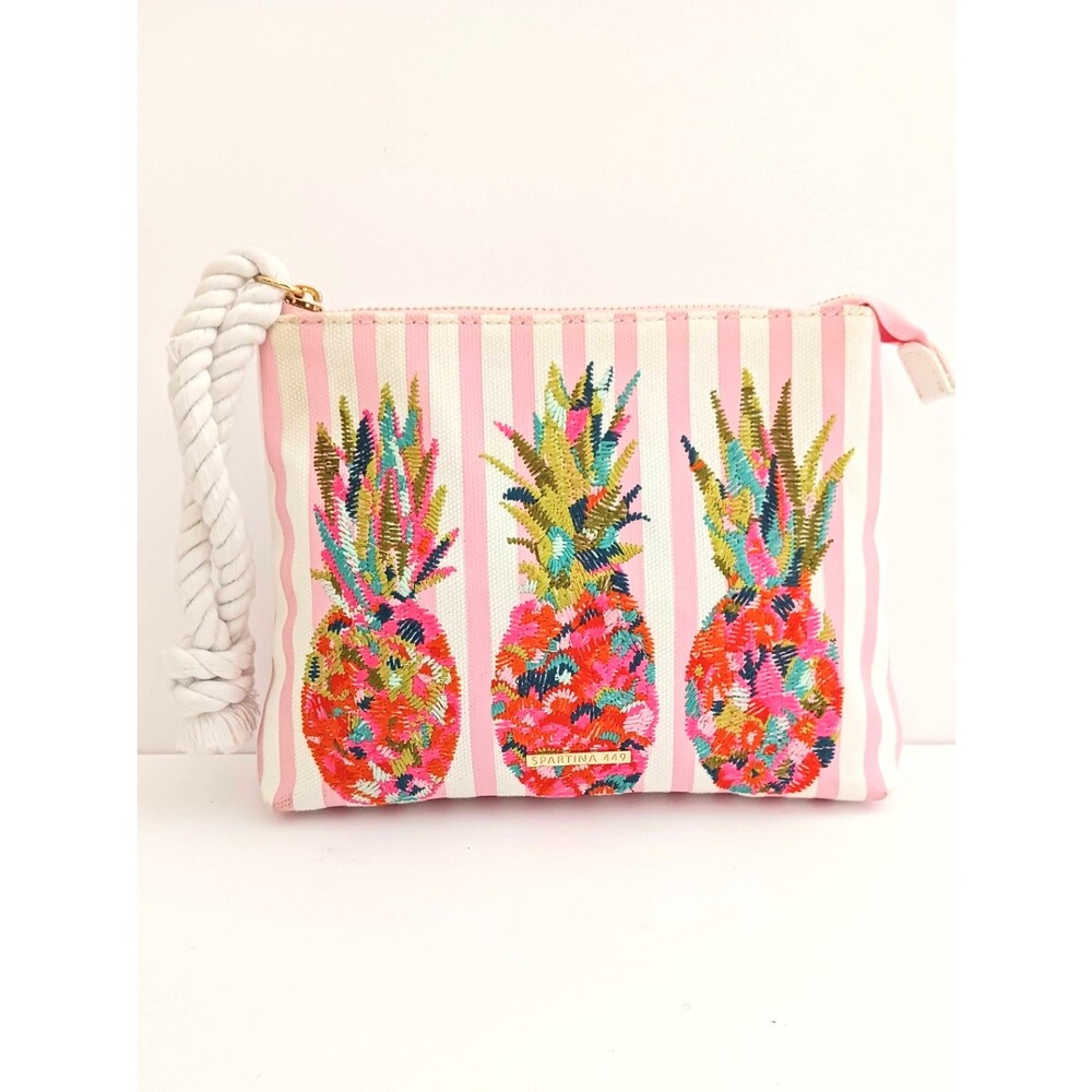 Spartina 449 Moreland Pineapple Carina Wristlet Striped Linen Embroidered 8X7